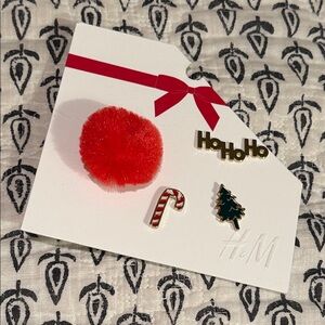 H&M Holiday Pin Set with Red Pom Pom, Candy Cane, Tree, Ho Ho Ho!!!
